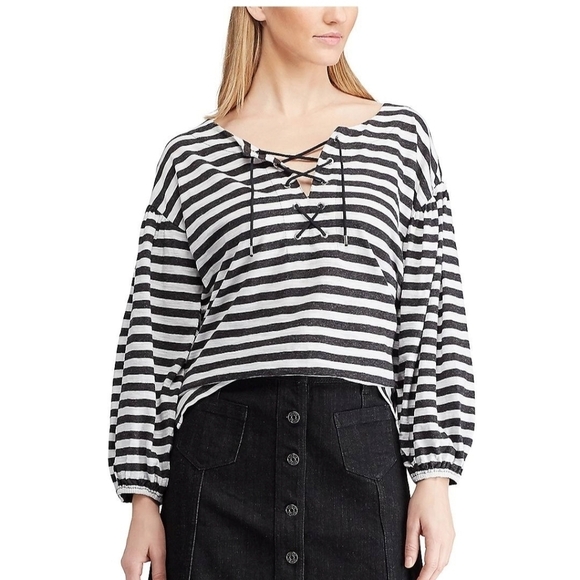 Chaps Striped Top Women's Oversized Lace-Up, sz XXL - Picture 1 of 10